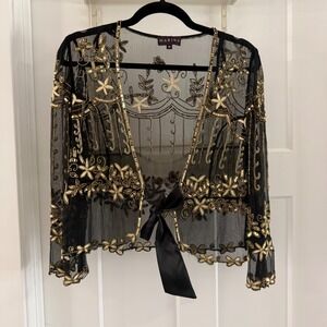 Vintage Marina Womens Black Gold Sequin Mesh Bolero Shrug Tie Front Jacket M
